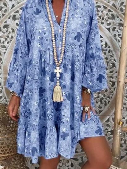Printed Stand Collar Button Ruffled Long Sleeve Dress