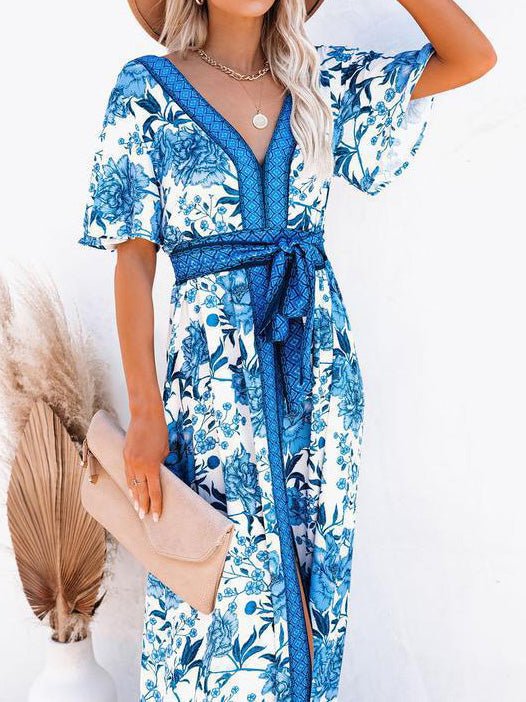 Women's Dresses Printed V-Neck Belted Elegant Slit Dress