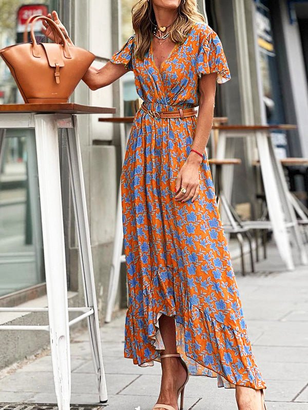 Women's Dresses Printed V-Neck High Waist Ruffle Dress