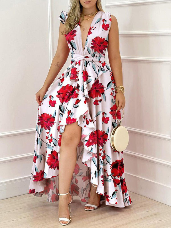 Women's Dresses Printed V-Neck Irregular Ruffle Dress