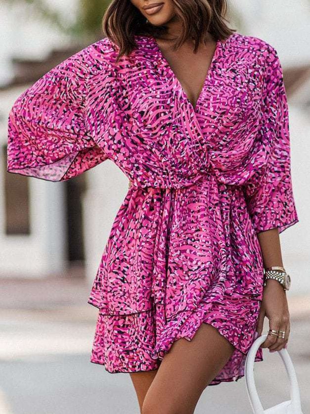 Women's Dresses Printed V-Neck Knotted Doll Sleeve Dress