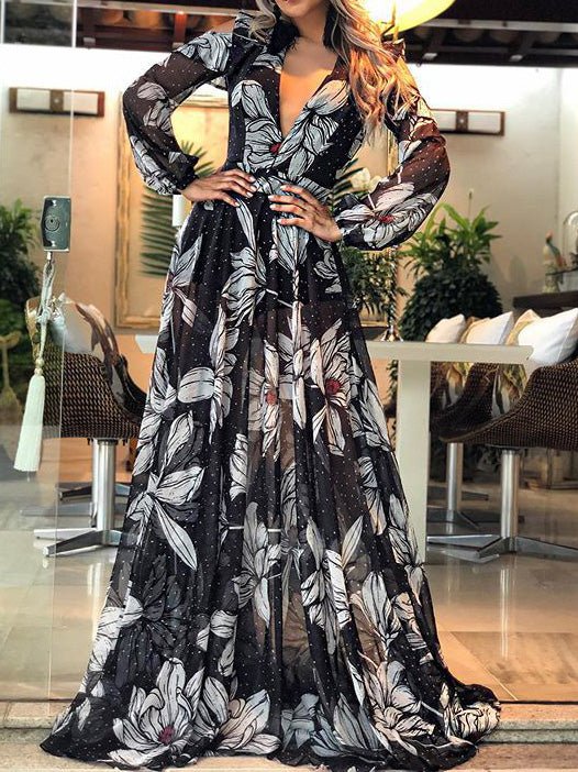 Women's Dresses Printed V-Neck Long Sleeve Dress