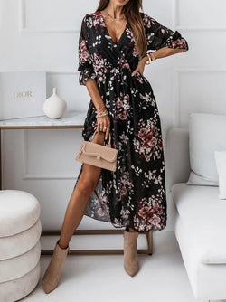 Women's Dresses Printed V-Neck Long Sleeve Slit Chiffon Dress