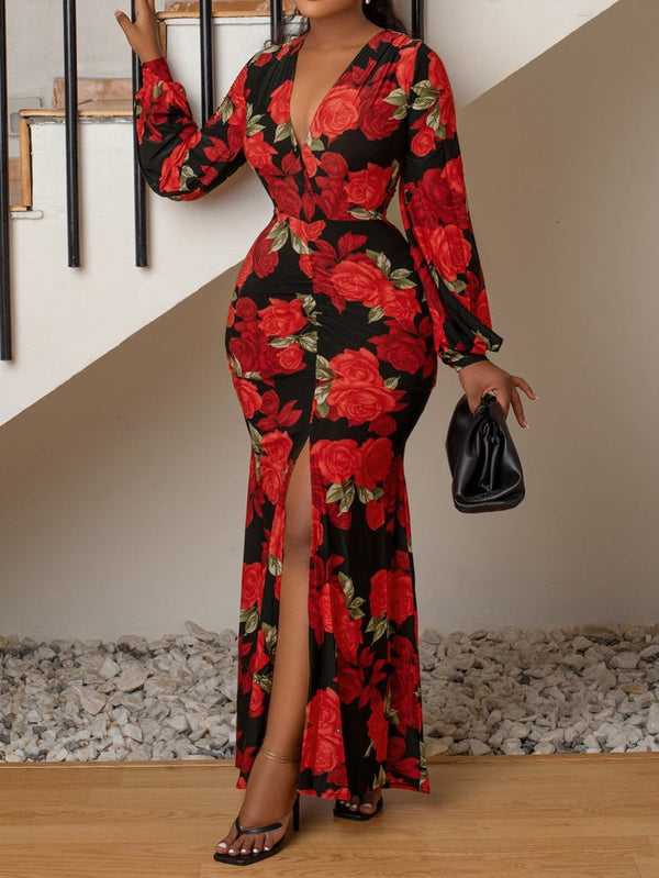 Women's Dresses Printed V-Neck Long Sleeve Slit Dress