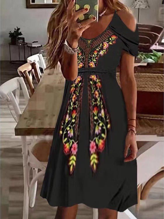 Women's Dresses Printed V-Neck Off-Shoulder Short Sleeve Dress