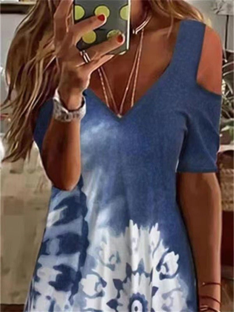 Women's Dresses Printed V-Neck Off-Shoulder Short Sleeve Dress