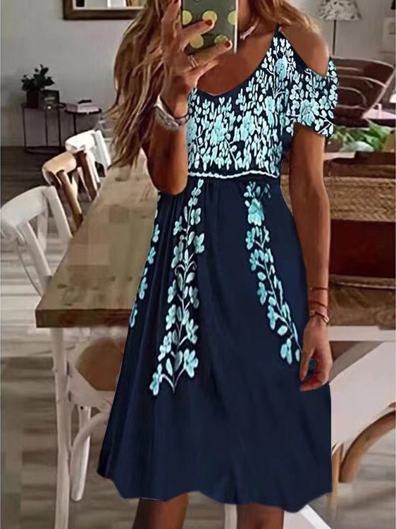 Women's Dresses Printed V-Neck Off-Shoulder Short Sleeve Dress