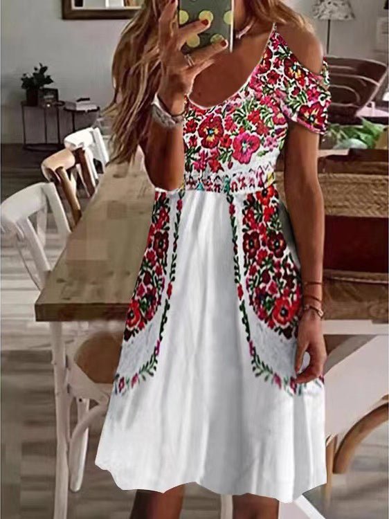 Women's Dresses Printed V-Neck Off-Shoulder Short Sleeve Dress