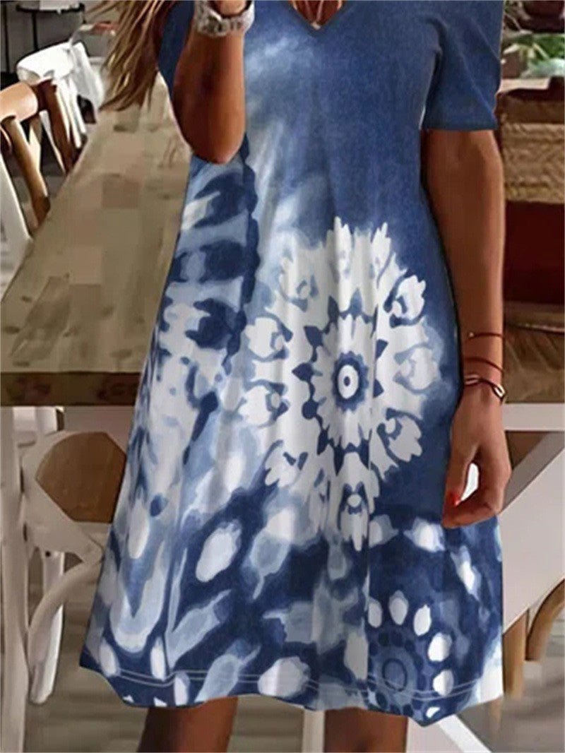 Women's Dresses Printed V-Neck Off-Shoulder Short Sleeve Dress