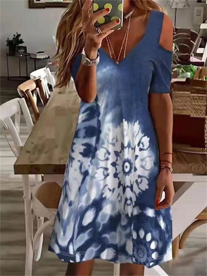 Women's Dresses Printed V-Neck Off-Shoulder Short Sleeve Dress