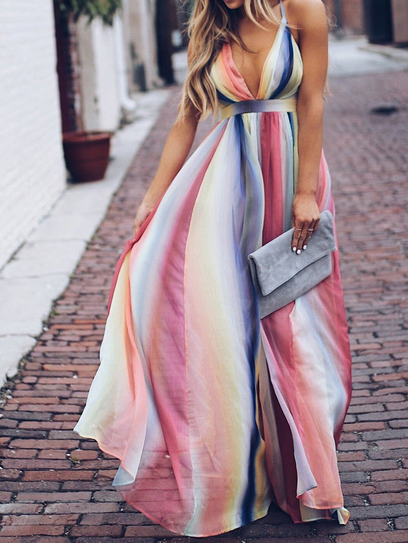 Women's Dresses Rainbow Print Suspender Backless Dress