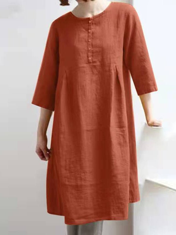 Women's Dresses Retro Cotton Linen Solid Pleated Half Sleeve Mini Dress