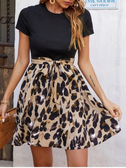 Women's Dresses Short Sleeve Belted Print Panel Dress