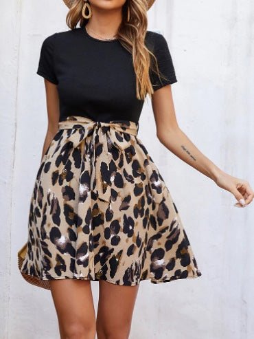 Women's Dresses Short Sleeve Belted Print Panel Dress