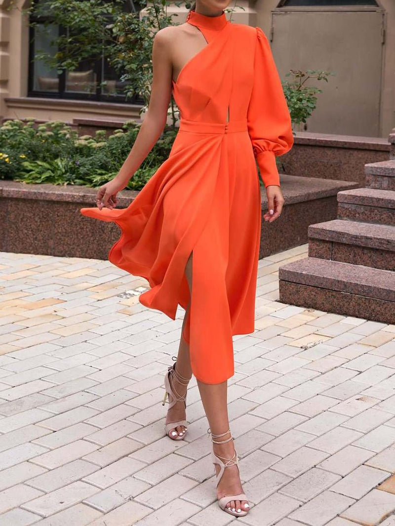 Women's Dresses Solid One Shoulder Hollow Long Sleeve Dress