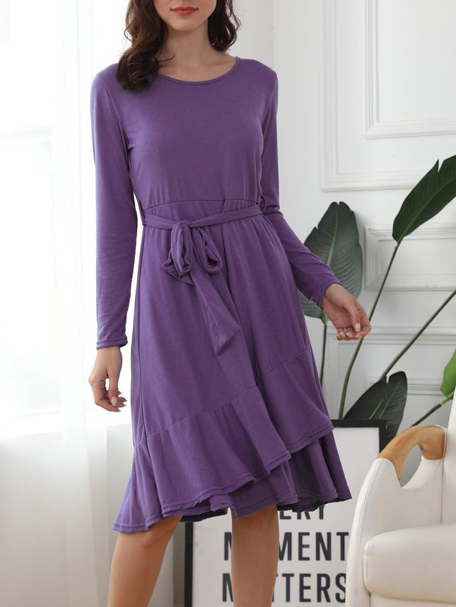 Women's Dresses Solid Tie Crew Neck Long Sleeve Ruffle Dress