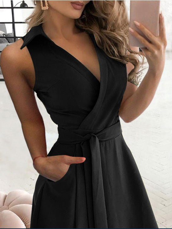 Women's Dresses Solid V-Neck Belted Sleeveless Dress