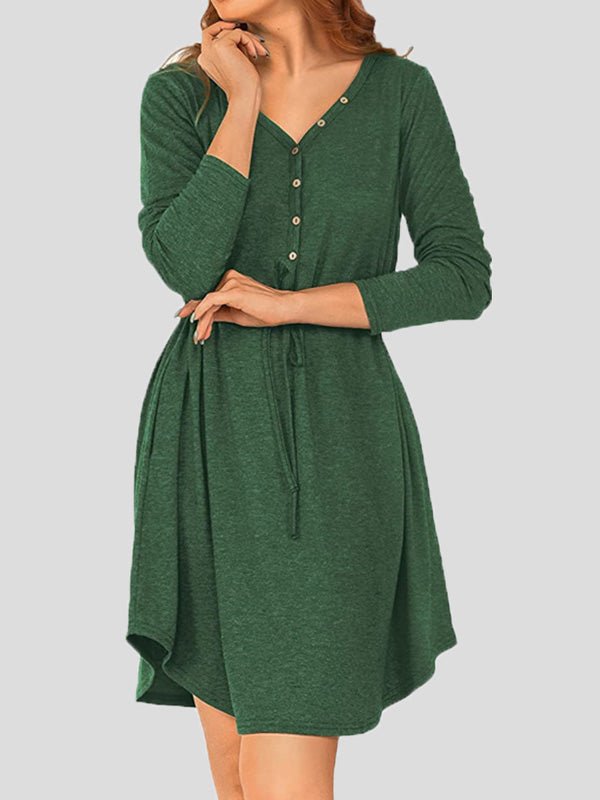 Women's Dresses Solid V-Neck Button Belt Long Sleeve Dress