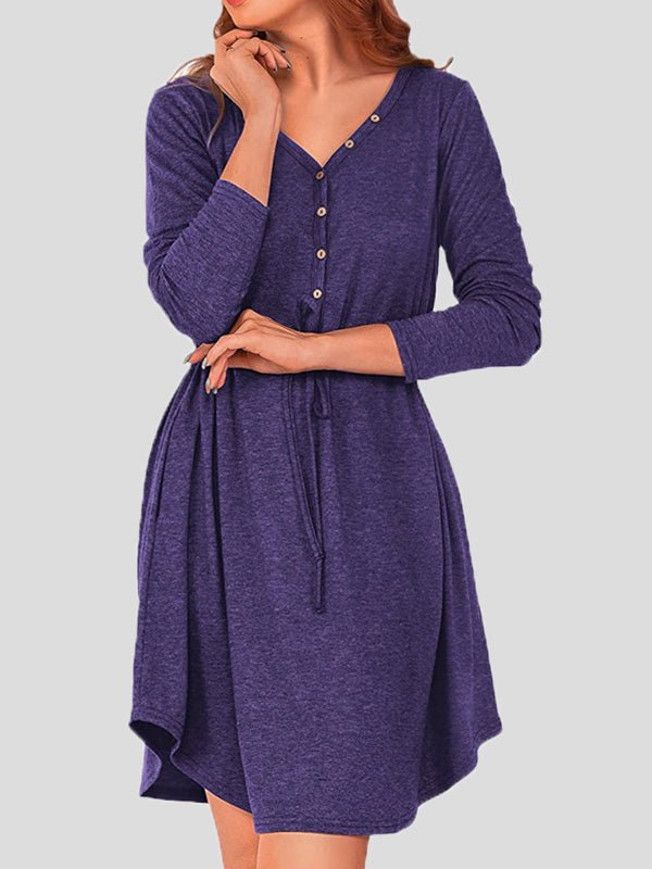 Women's Dresses Solid V-Neck Button Belt Long Sleeve Dress