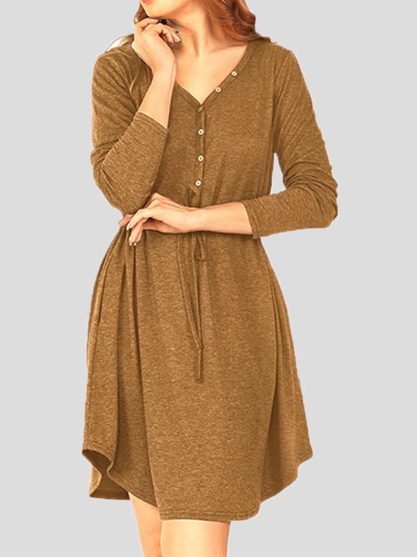 Women's Dresses Solid V-Neck Button Belt Long Sleeve Dress