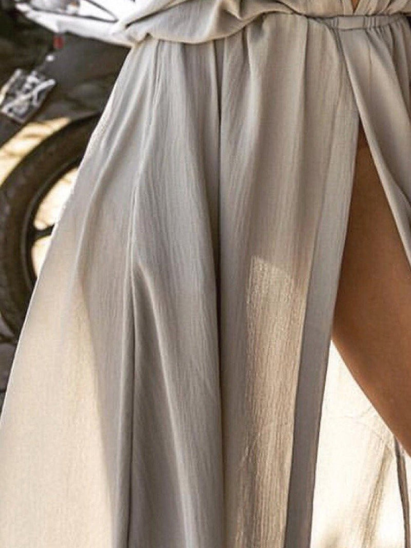 Women's Dresses Solid V-Neck Mid-Sleeve Slit Dress