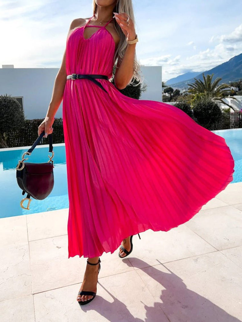 Women's Dresses Solid V-Neck Pleated Sleeveless Dress