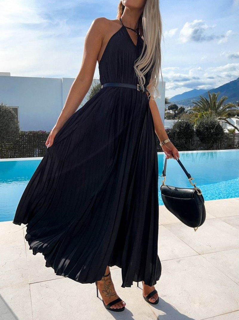 Women's Dresses Solid V-Neck Pleated Sleeveless Dress