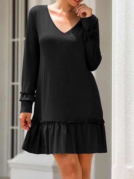 Women's Dresses Solid V-Neck Ruffle Long Sleeve Dress