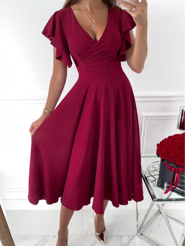 Women's Dresses Solid V-Neck Ruffle Sleeve Dress