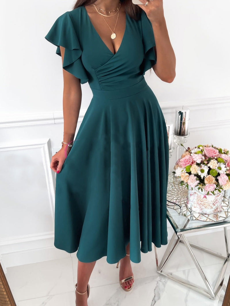 Women's Dresses Solid V-Neck Ruffle Sleeve Dress