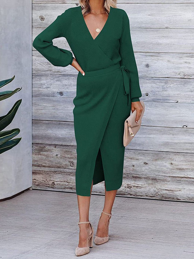 Women's Dresses Solid V-Neck Tie Long Sleeve Knit Dress