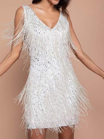 Women's Dresses Sparkling V-Neck Fringed Mini Dress