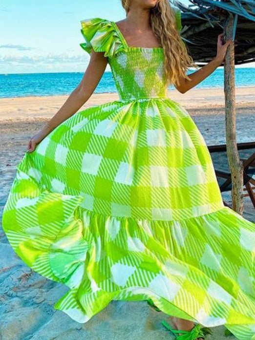 Women's Dresses Square Neck Check Print Beach Dress