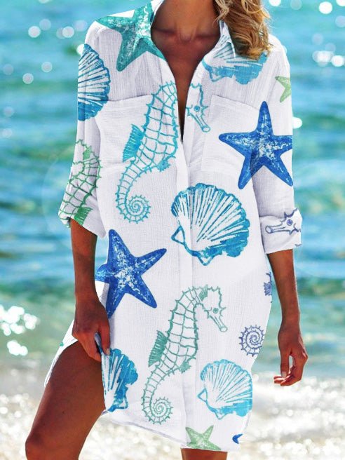 Women's Dresses Starfish Lapel Long Sleeve Shirt Dress