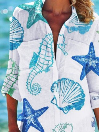 Women's Dresses Starfish Lapel Long Sleeve Shirt Dress
