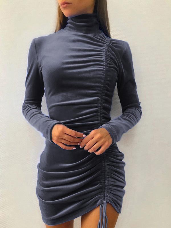 Suede Drawstring High Neck Long Sleeve Tight Dress
