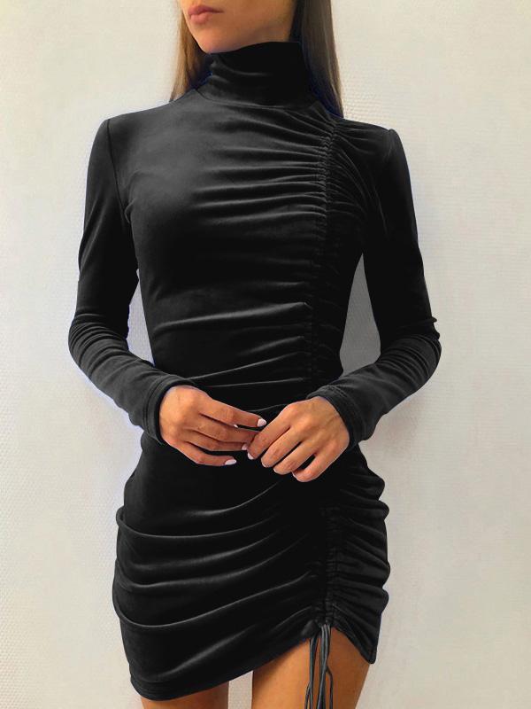 Suede Drawstring High Neck Long Sleeve Tight Dress