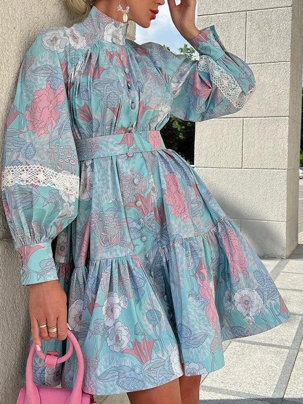 Women's Dresses Turtleneck Vintage Print Long Sleeve Dress