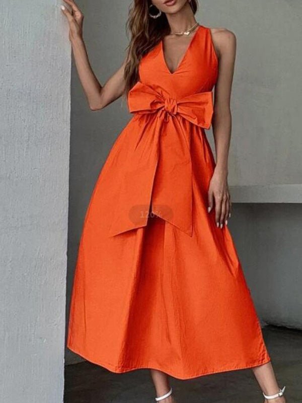 Women's Dresses V Neck Bow Open Back Sleeveless Dress