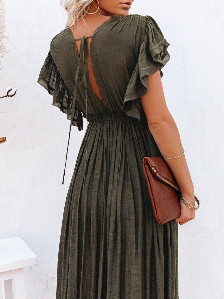 Women's Dresses V-Neck Button Drawstring Waist Pocket Dress