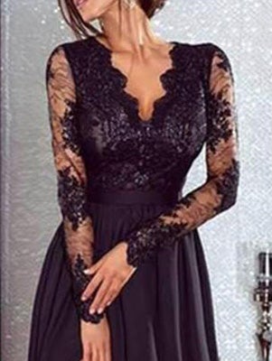 Women's Dresses V-Neck Lace Long Sleeve Split Evening Dress