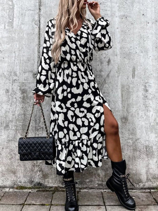 Women's Dresses V-Neck Leopard Print Long Sleeve Slit Dress