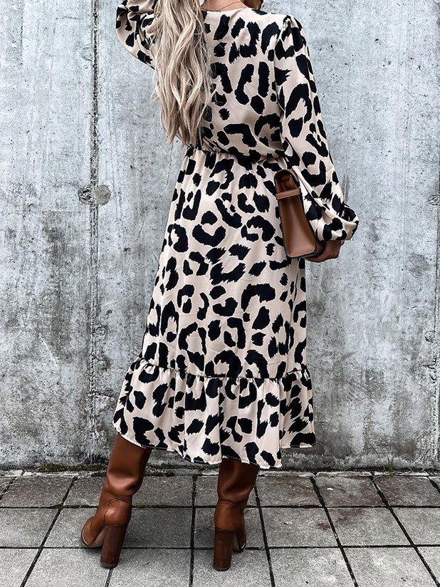 Women's Dresses V-Neck Leopard Print Long Sleeve Slit Dress