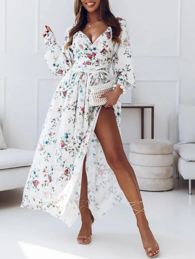 Women's Dresses V-Neck Long Sleeve Slit Print Dress