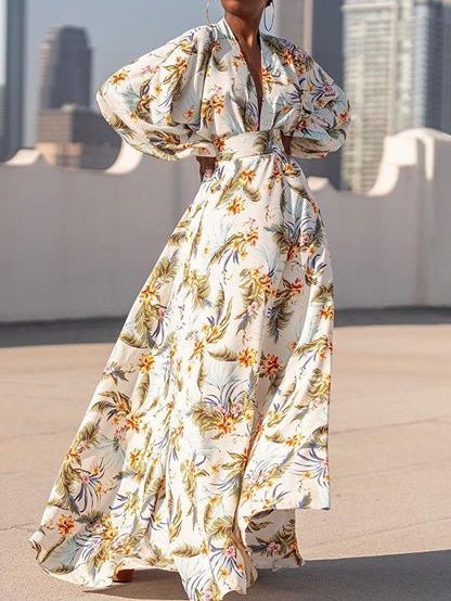 Women's Dresses V-Neck Long Sleeve Swing Print Dress