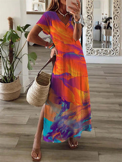 Women's Dresses V-Neck Multicolor Printed Short Sleeve Slit Dress