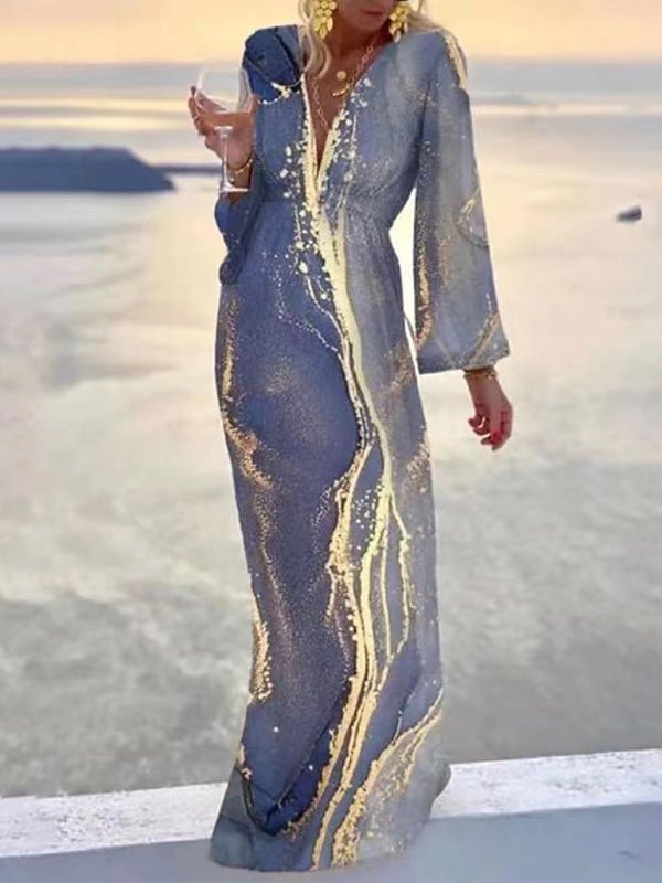 Women's Dresses V-Neck Printed Long Sleeve Dress