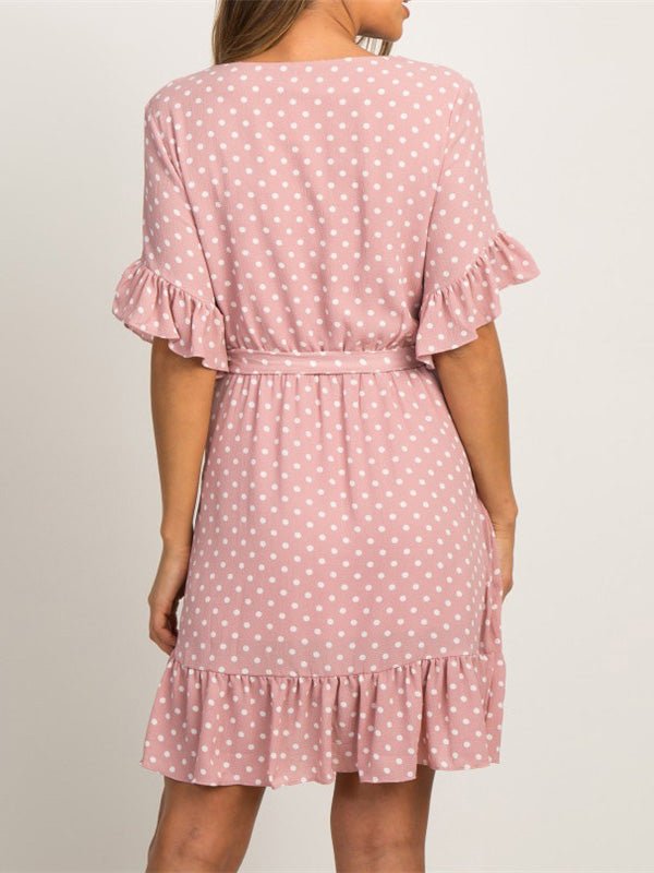 Women's Dresses V-Neck Short Sleeve Polka Dot Belted Ruffle Dress