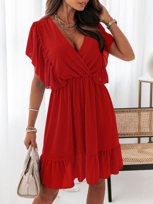 Women's Dresses V-Neck Short Sleeve Ruffled Chiffon Dress