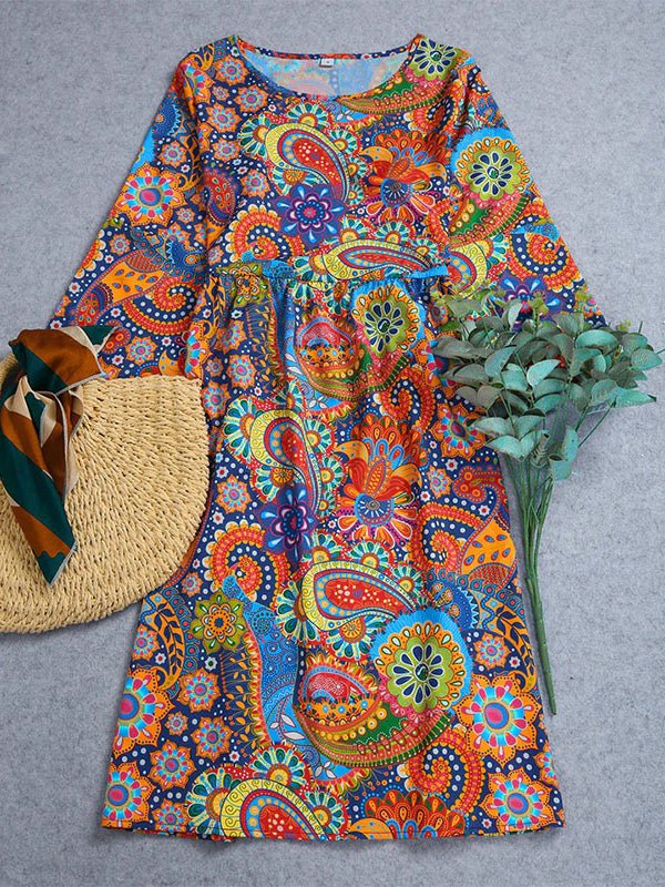 Women's Dresses Vintage Print Crew Neck Long Sleeve Dress